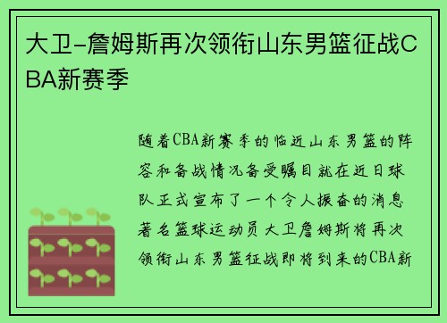 大卫-詹姆斯再次领衔山东男篮征战CBA新赛季