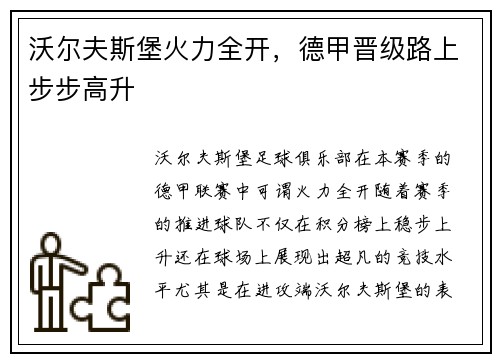 沃尔夫斯堡火力全开，德甲晋级路上步步高升