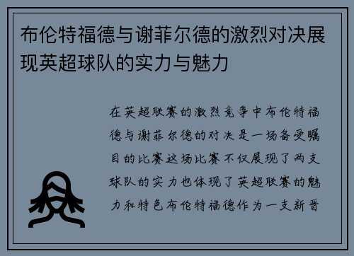 布伦特福德与谢菲尔德的激烈对决展现英超球队的实力与魅力